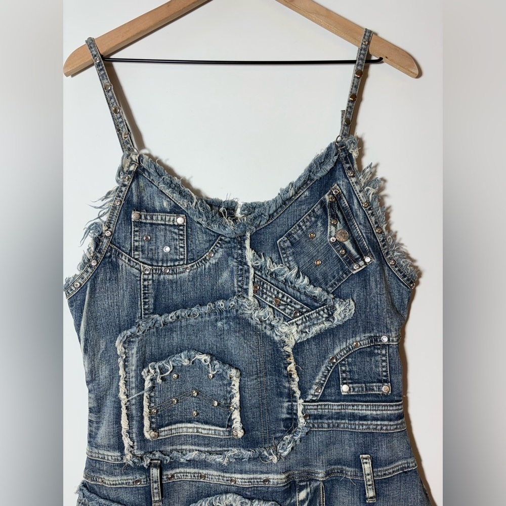 Deadstock Vtg 90s Y2K Platinum Plush Denim Patchwork Studded Jean Mini Dress - Picture 3 of 10